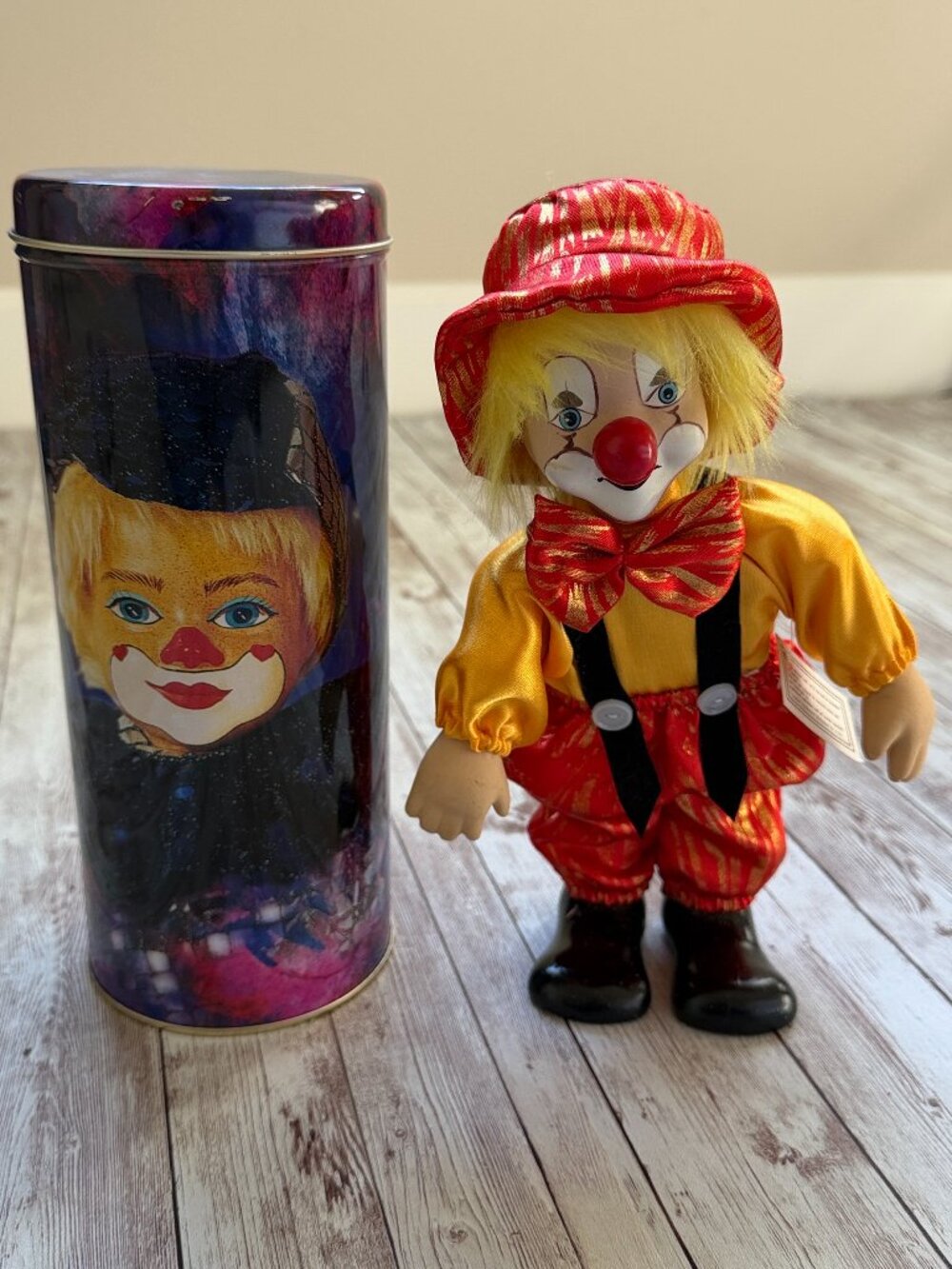Lucy's Clown Doll Tin Wind Up Porcelain Plush Bow Hat Song Collectible